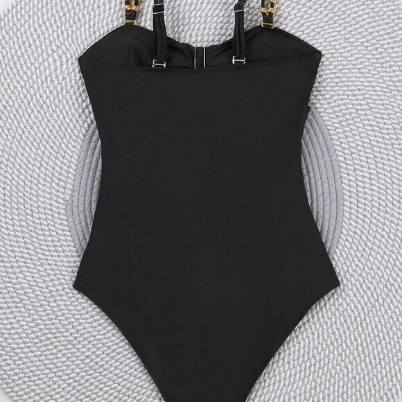 Black Sexy Women's Colorblock Hollow Out One Piece Swimsuit - Picture 3 of 5